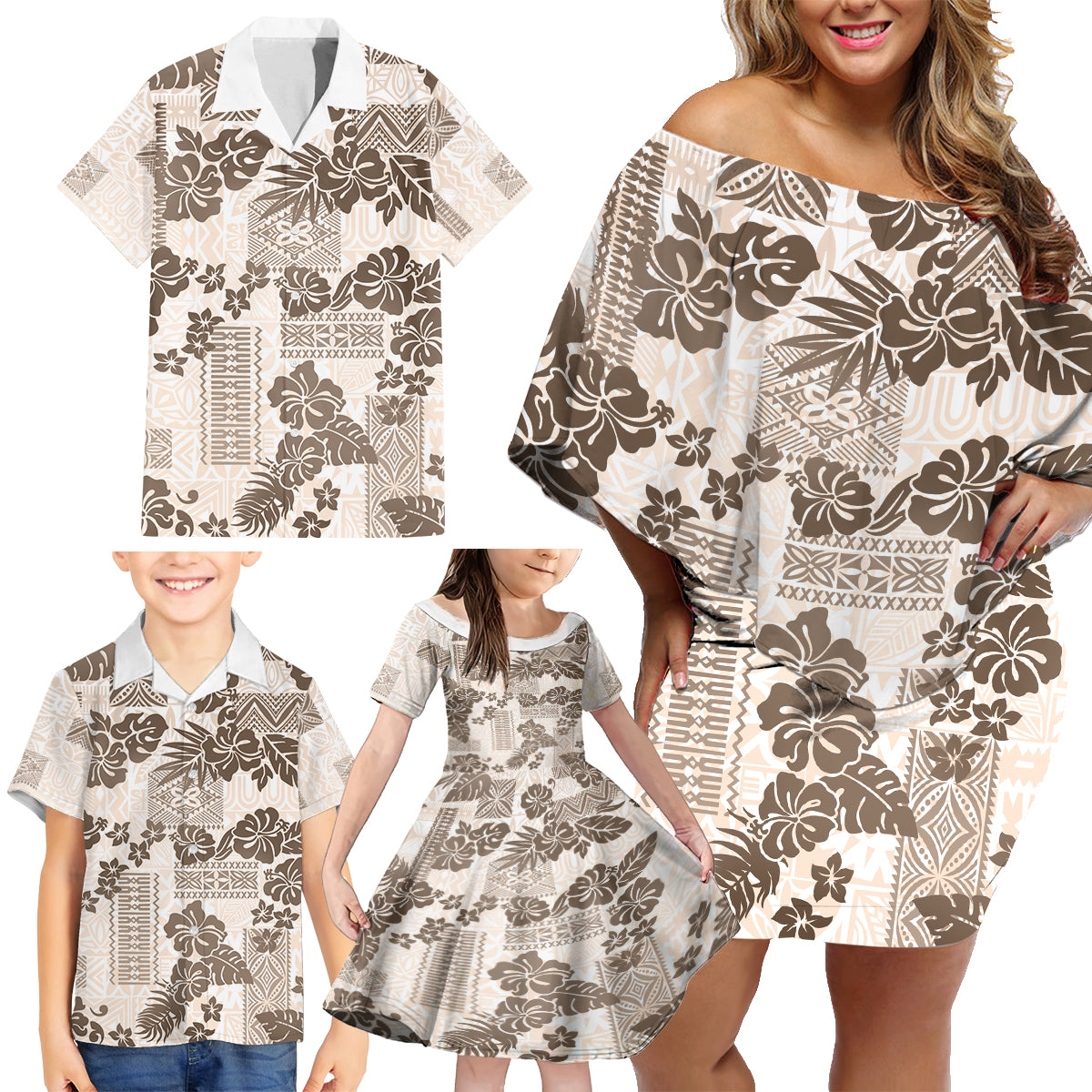 Vintage Hawaii Family Matching Off Shoulder Short Dress and Hawaiian Shirt Hibiscus Tapa Tribal With Hawaiian Quilt Pattern Gold LT9 - Wonder Print Shop