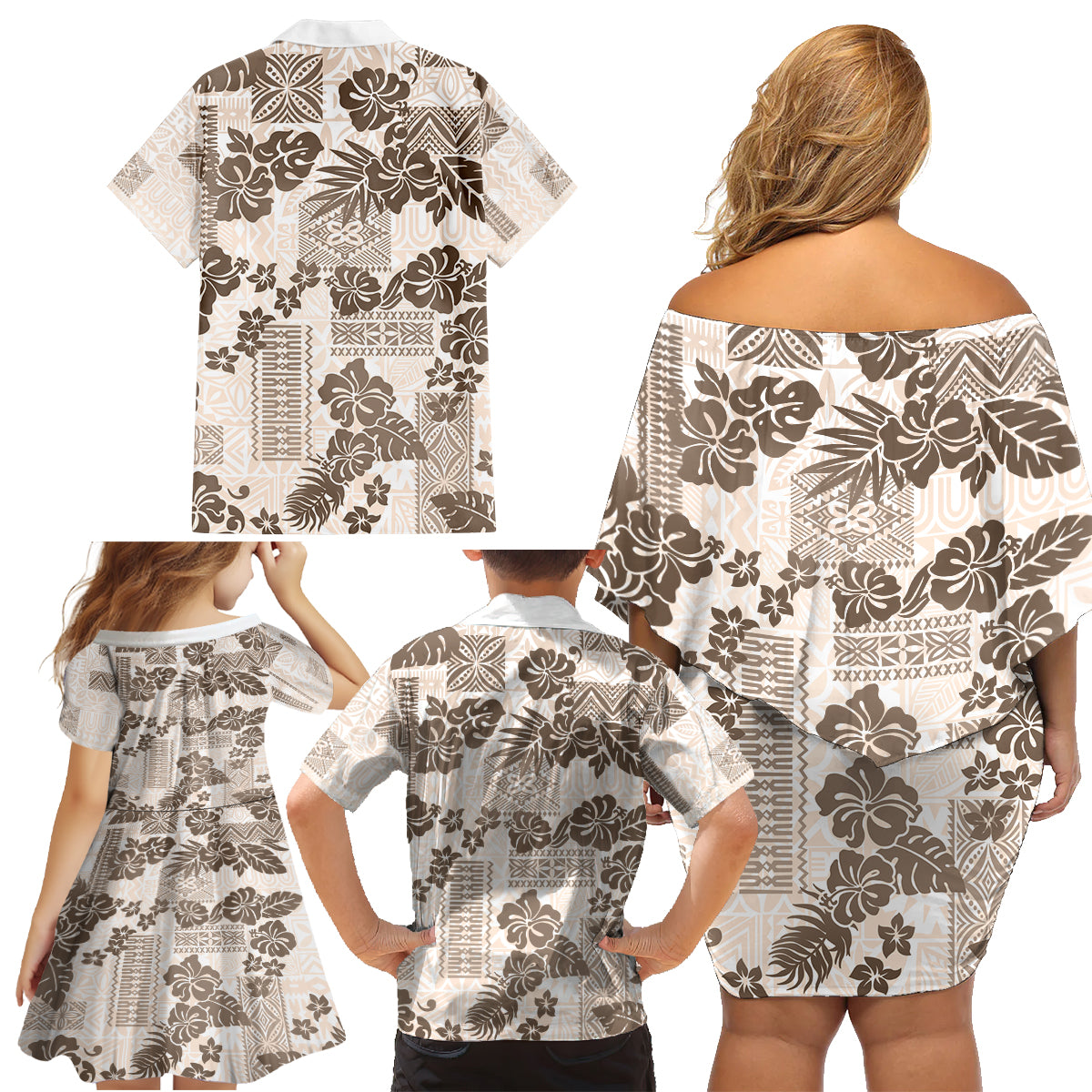 Vintage Hawaii Family Matching Off Shoulder Short Dress and Hawaiian Shirt Hibiscus Tapa Tribal With Hawaiian Quilt Pattern Gold LT9 - Wonder Print Shop
