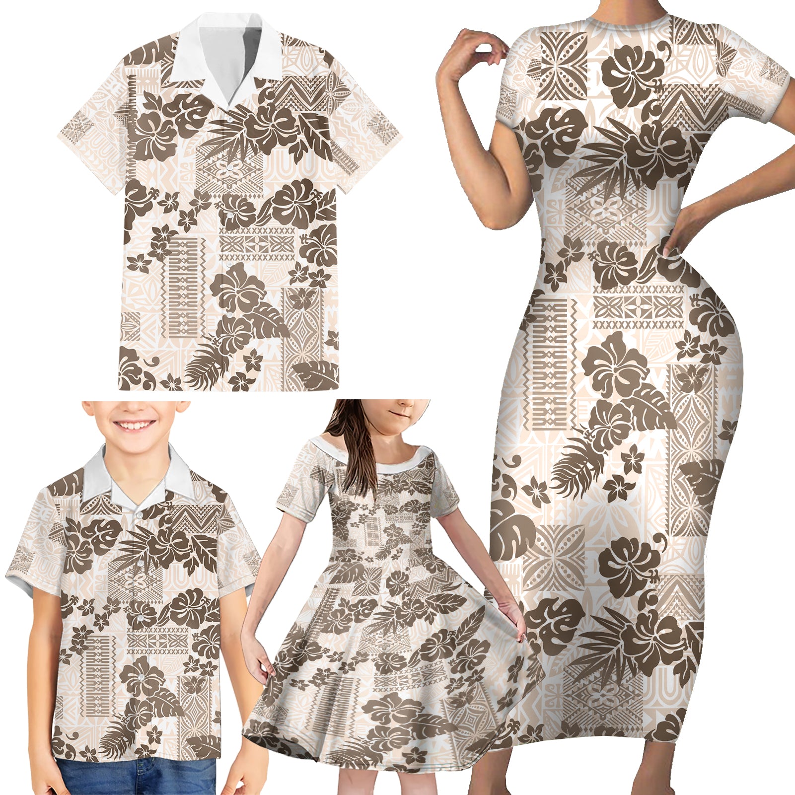 Vintage Hawaii Family Matching Short Sleeve Bodycon Dress and Hawaiian Shirt Hibiscus Tapa Tribal With Hawaiian Quilt Pattern Gold - Wonder Print Shop