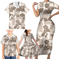 Vintage Hawaii Family Matching Short Sleeve Bodycon Dress and Hawaiian Shirt Hibiscus Tapa Tribal With Hawaiian Quilt Pattern Gold - Wonder Print Shop