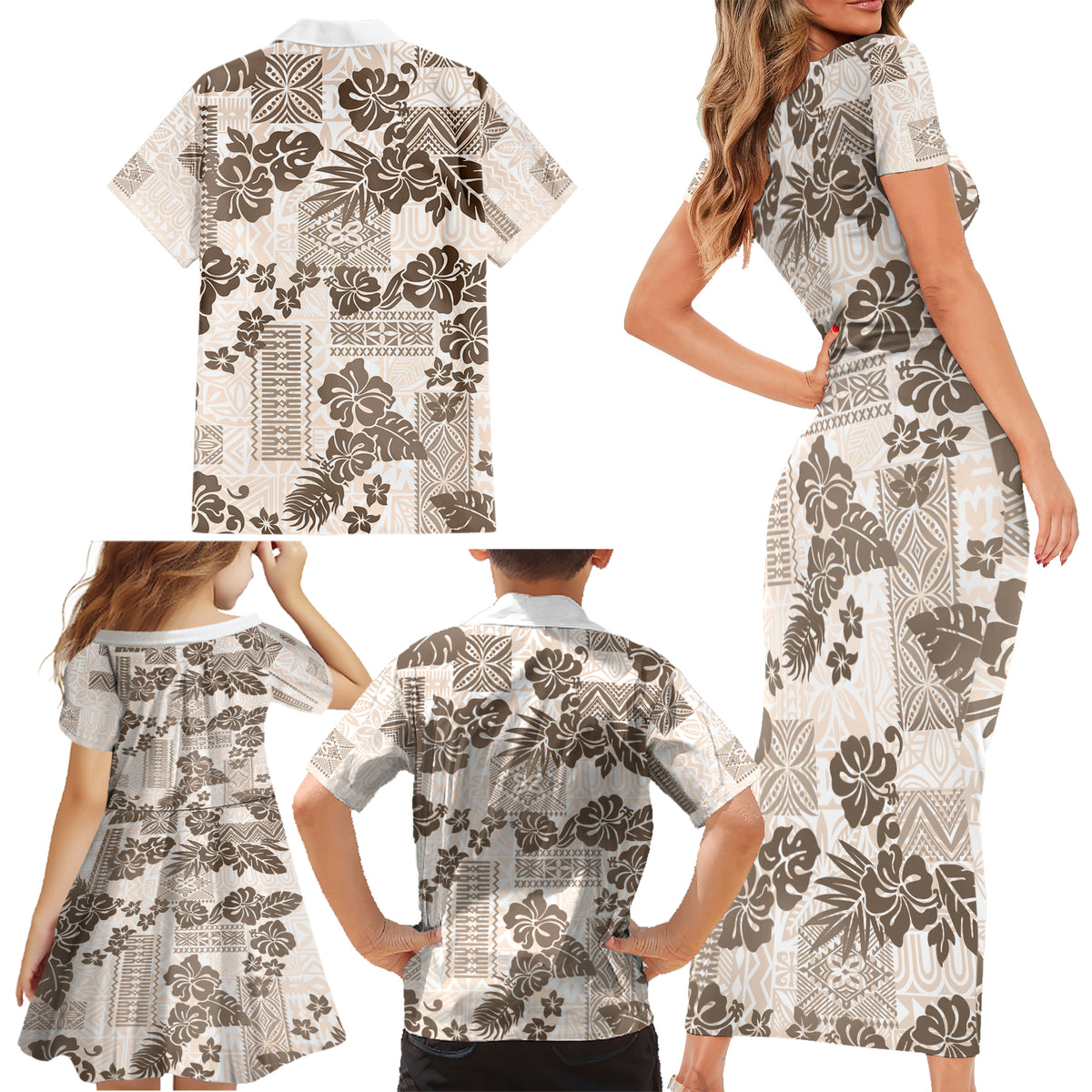 Vintage Hawaii Family Matching Short Sleeve Bodycon Dress and Hawaiian Shirt Hibiscus Tapa Tribal With Hawaiian Quilt Pattern Gold - Wonder Print Shop