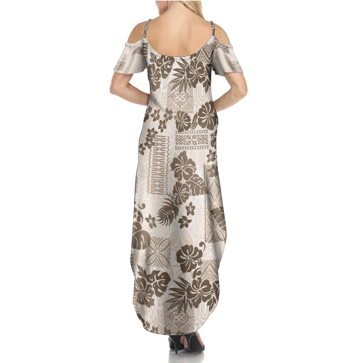 Vintage Hawaii Family Matching Summer Maxi Dress and Hawaiian Shirt Hibiscus Tapa Tribal With Hawaiian Quilt Pattern Gold - Wonder Print Shop