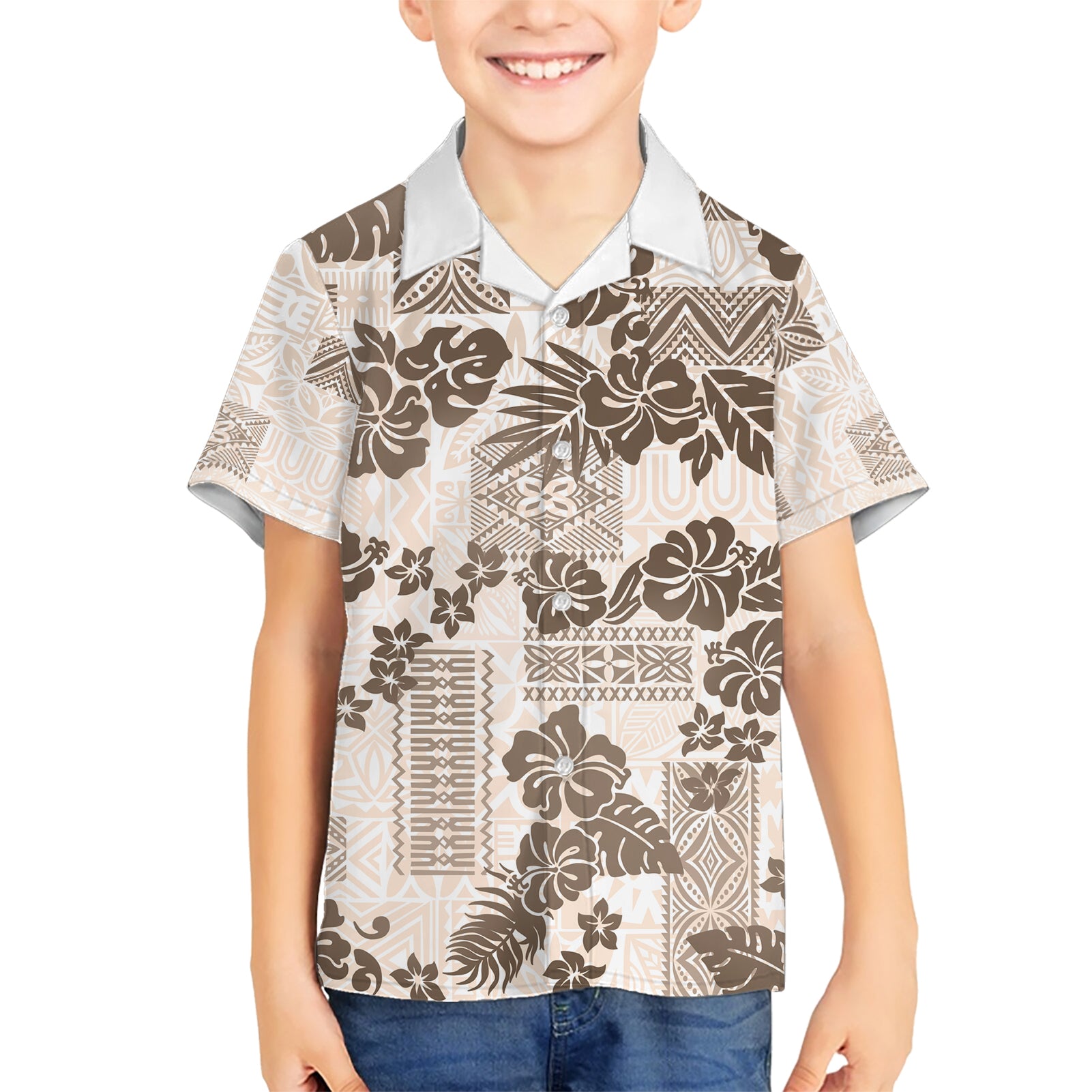 Vintage Hawaii Kid Hawaiian Shirt Hibiscus Tapa Tribal With Hawaiian Quilt Pattern Gold - Wonder Print Shop