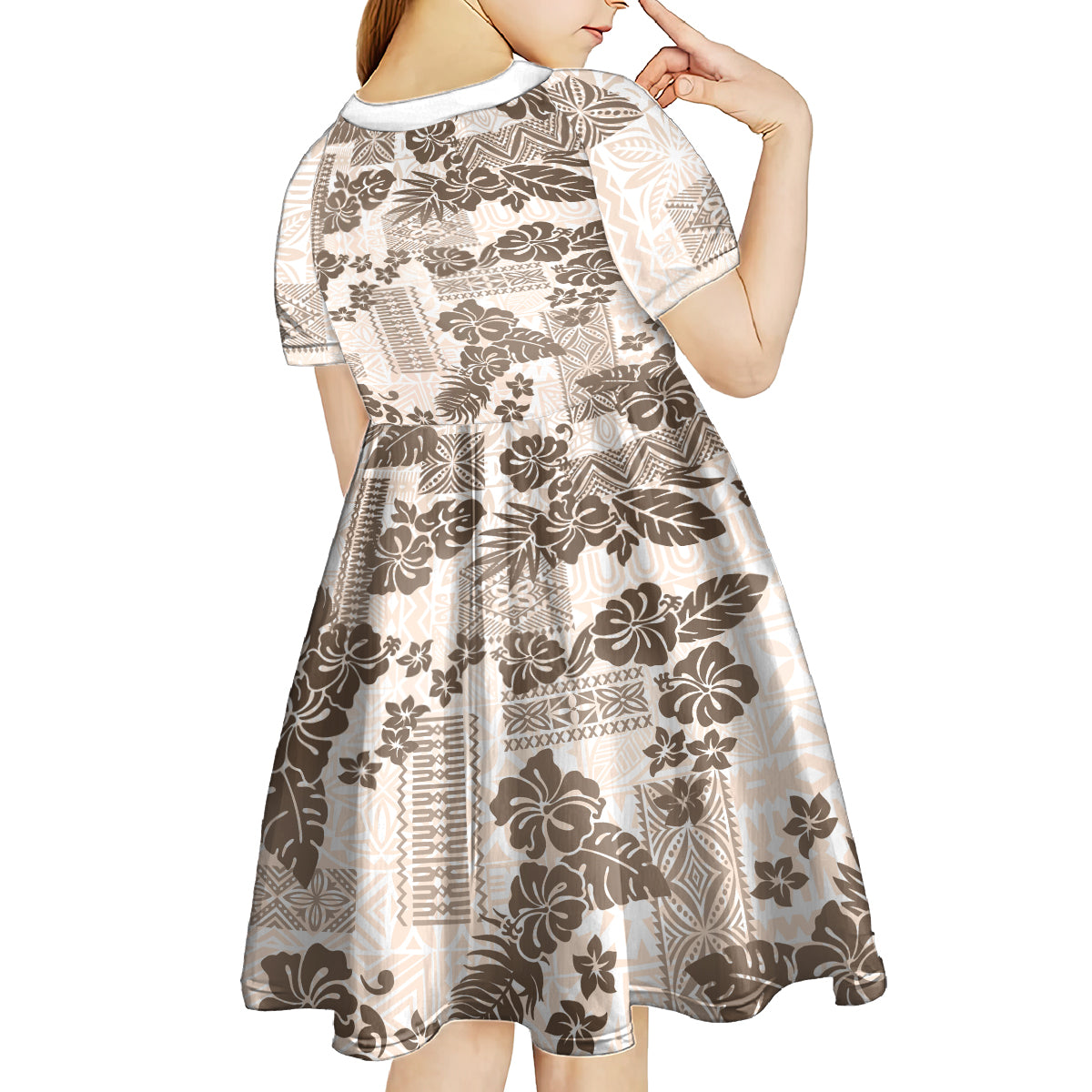 Vintage Hawaii Kid Short Sleeve Dress Hibiscus Tapa Tribal With Hawaiian Quilt Pattern Gold - Wonder Print Shop