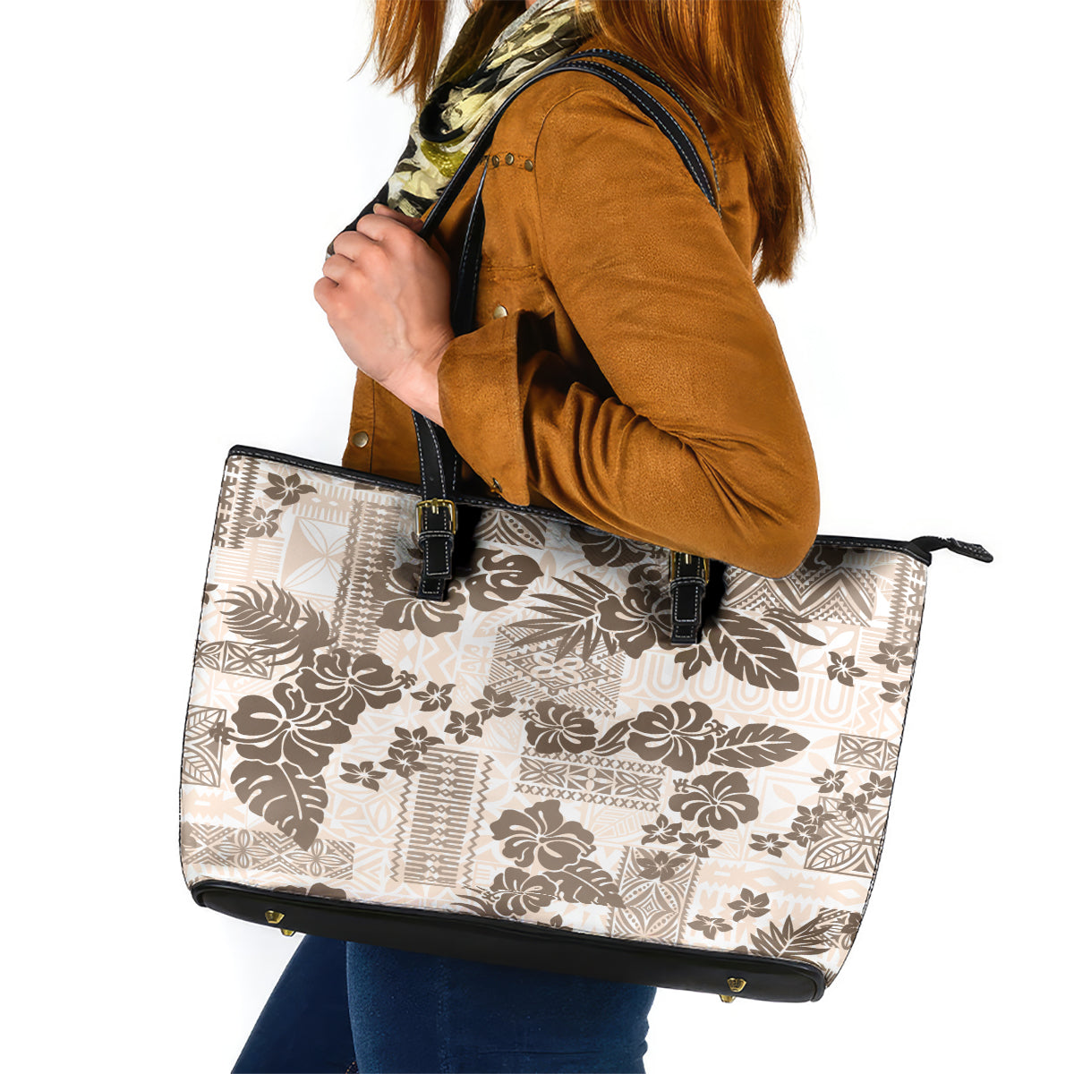 Vintage Hawaii Leather Tote Bag Hibiscus Tapa Tribal With Hawaiian Quilt Pattern Gold - Wonder Print Shop