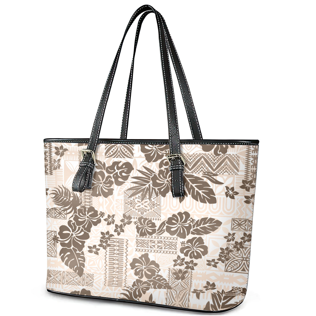 Vintage Hawaii Leather Tote Bag Hibiscus Tapa Tribal With Hawaiian Quilt Pattern Gold - Wonder Print Shop