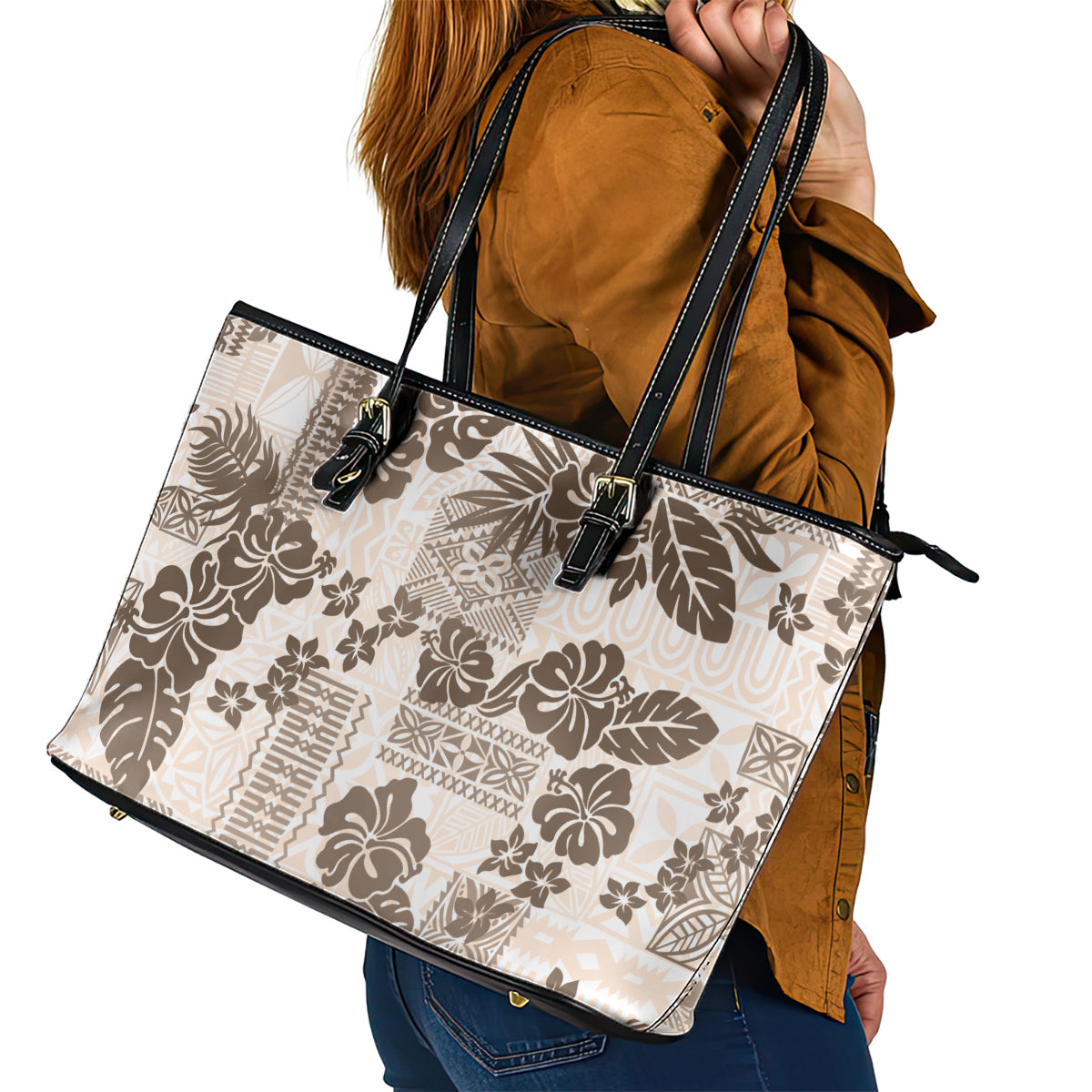 Vintage Hawaii Leather Tote Bag Hibiscus Tapa Tribal With Hawaiian Quilt Pattern Gold - Wonder Print Shop