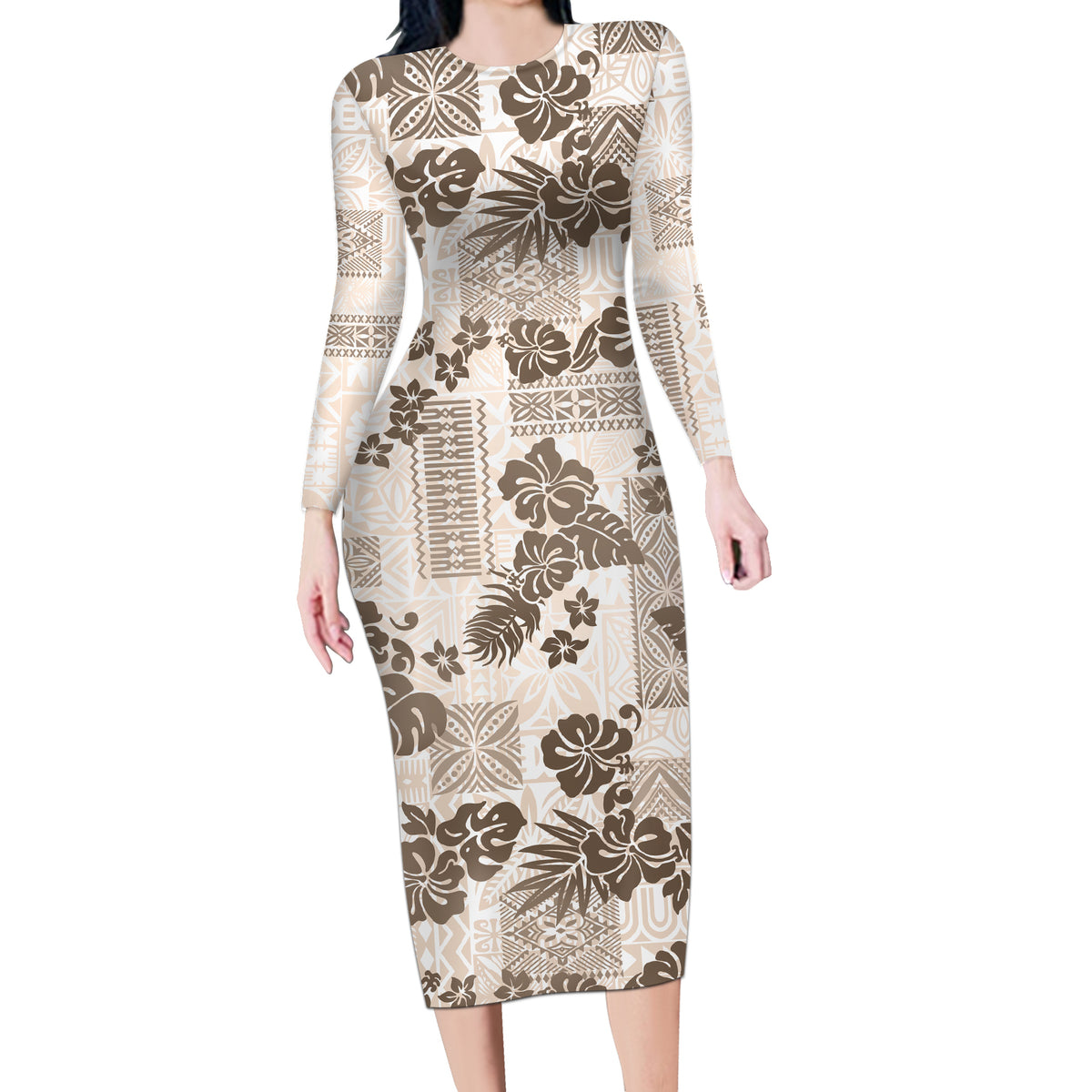 Vintage Hawaii Long Sleeve Bodycon Dress Hibiscus Tapa Tribal With Hawaiian Quilt Pattern Gold - Wonder Print Shop