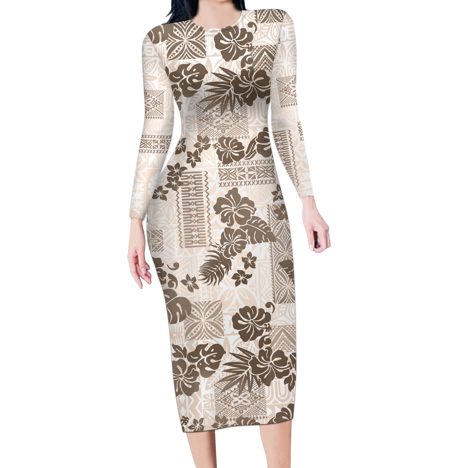 Vintage Hawaii Long Sleeve Bodycon Dress Hibiscus Tapa Tribal With Hawaiian Quilt Pattern Gold - Wonder Print Shop