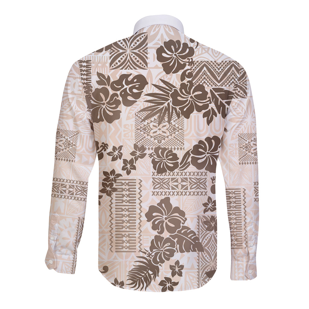 Vintage Hawaii Long Sleeve Button Shirt Hibiscus Tapa Tribal With Hawaiian Quilt Pattern Gold - Wonder Print Shop