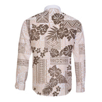 Vintage Hawaii Long Sleeve Button Shirt Hibiscus Tapa Tribal With Hawaiian Quilt Pattern Gold - Wonder Print Shop