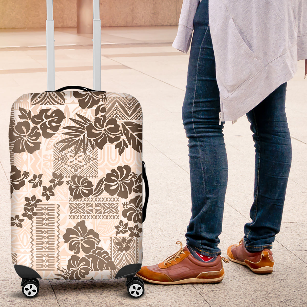 Vintage Hawaii Luggage Cover Hibiscus Tapa Tribal With Hawaiian Quilt Pattern Gold - Wonder Print Shop