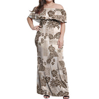Vintage Hawaii Off Shoulder Maxi Dress Hibiscus Tapa Tribal With Hawaiian Quilt Pattern Gold - Wonder Print Shop