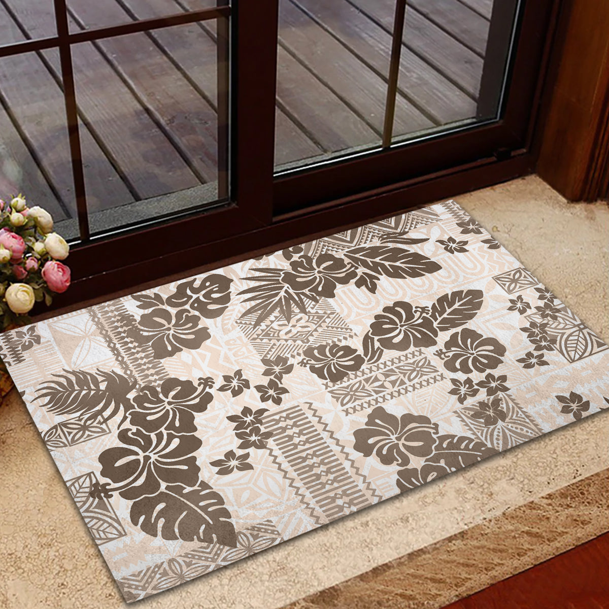 Vintage Hawaii Rubber Doormat Hibiscus Tapa Tribal With Hawaiian Quilt Pattern Gold - Wonder Print Shop