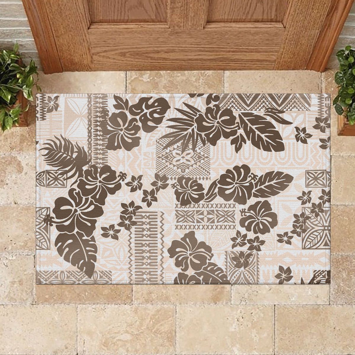 Vintage Hawaii Rubber Doormat Hibiscus Tapa Tribal With Hawaiian Quilt Pattern Gold - Wonder Print Shop