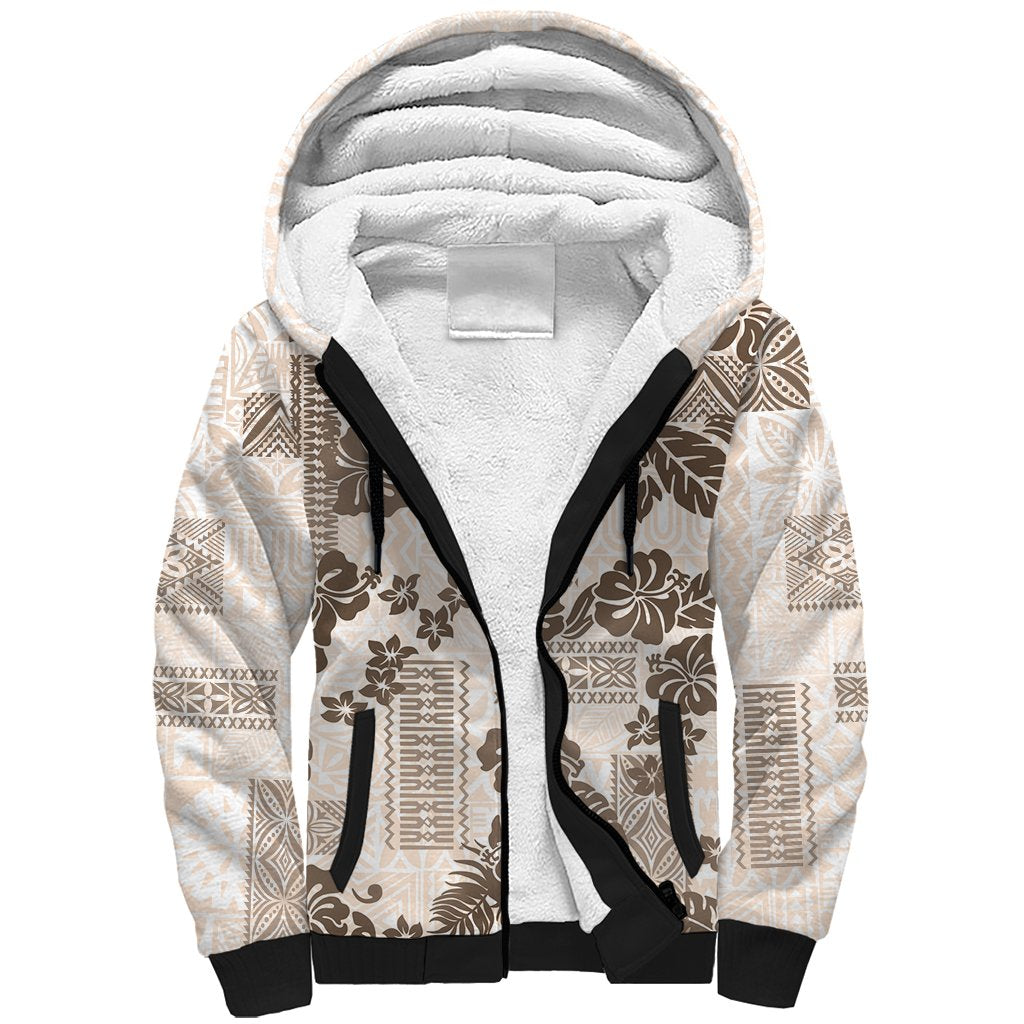 Vintage Hawaii Sherpa Hoodie Hibiscus Tapa Tribal With Hawaiian Quilt Pattern Gold - Wonder Print Shop