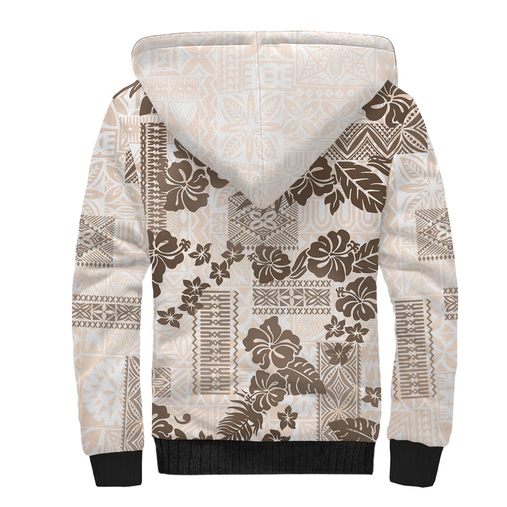 Vintage Hawaii Sherpa Hoodie Hibiscus Tapa Tribal With Hawaiian Quilt Pattern Gold - Wonder Print Shop