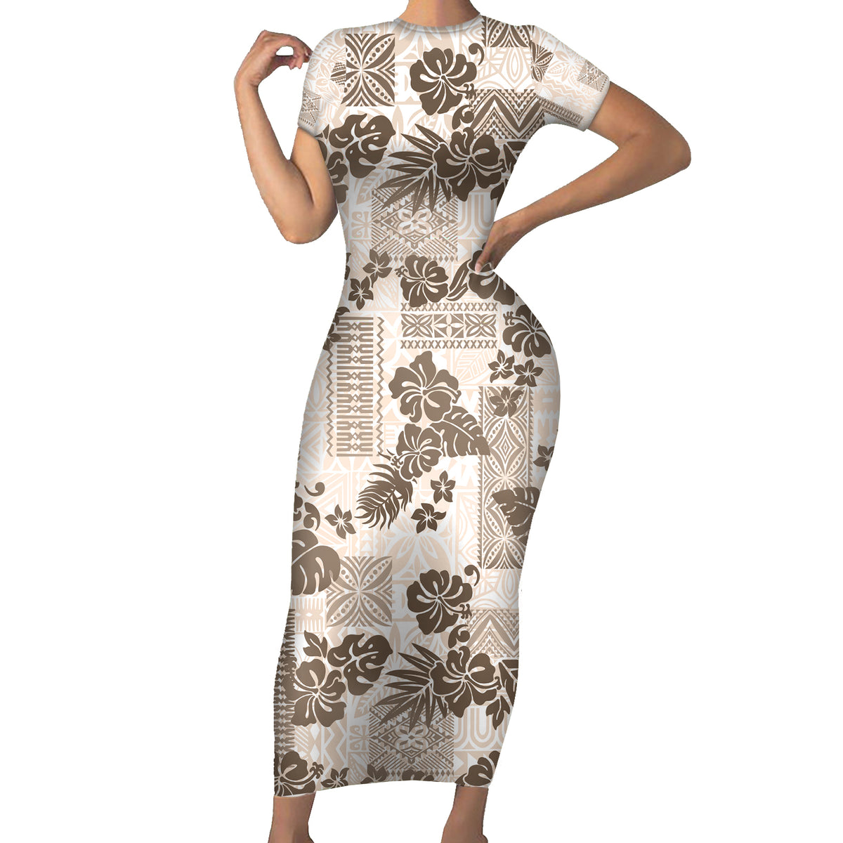 Vintage Hawaii Short Sleeve Bodycon Dress Hibiscus Tapa Tribal With Hawaiian Quilt Pattern Gold - Wonder Print Shop