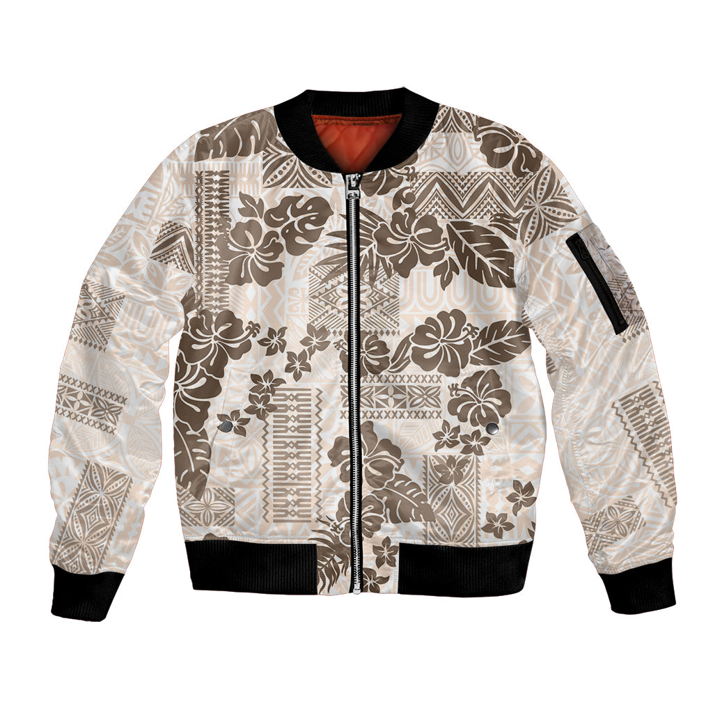 Vintage Hawaii Sleeve Zip Bomber Jacket Hibiscus Tapa Tribal With Hawaiian Quilt Pattern Gold - Wonder Print Shop