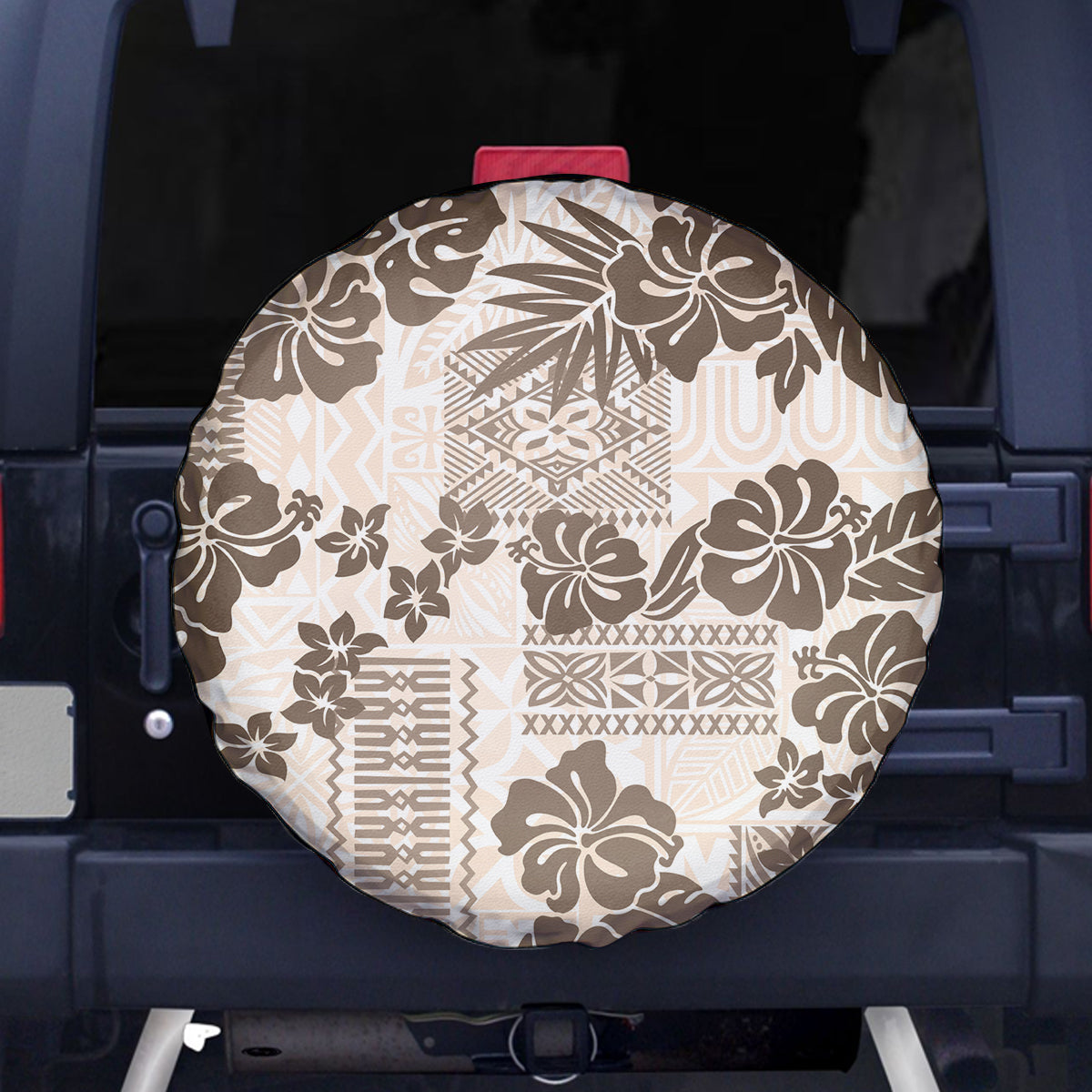 Vintage Hawaii Spare Tire Cover Hibiscus Tapa Tribal With Hawaiian Quilt Pattern Gold - Wonder Print Shop