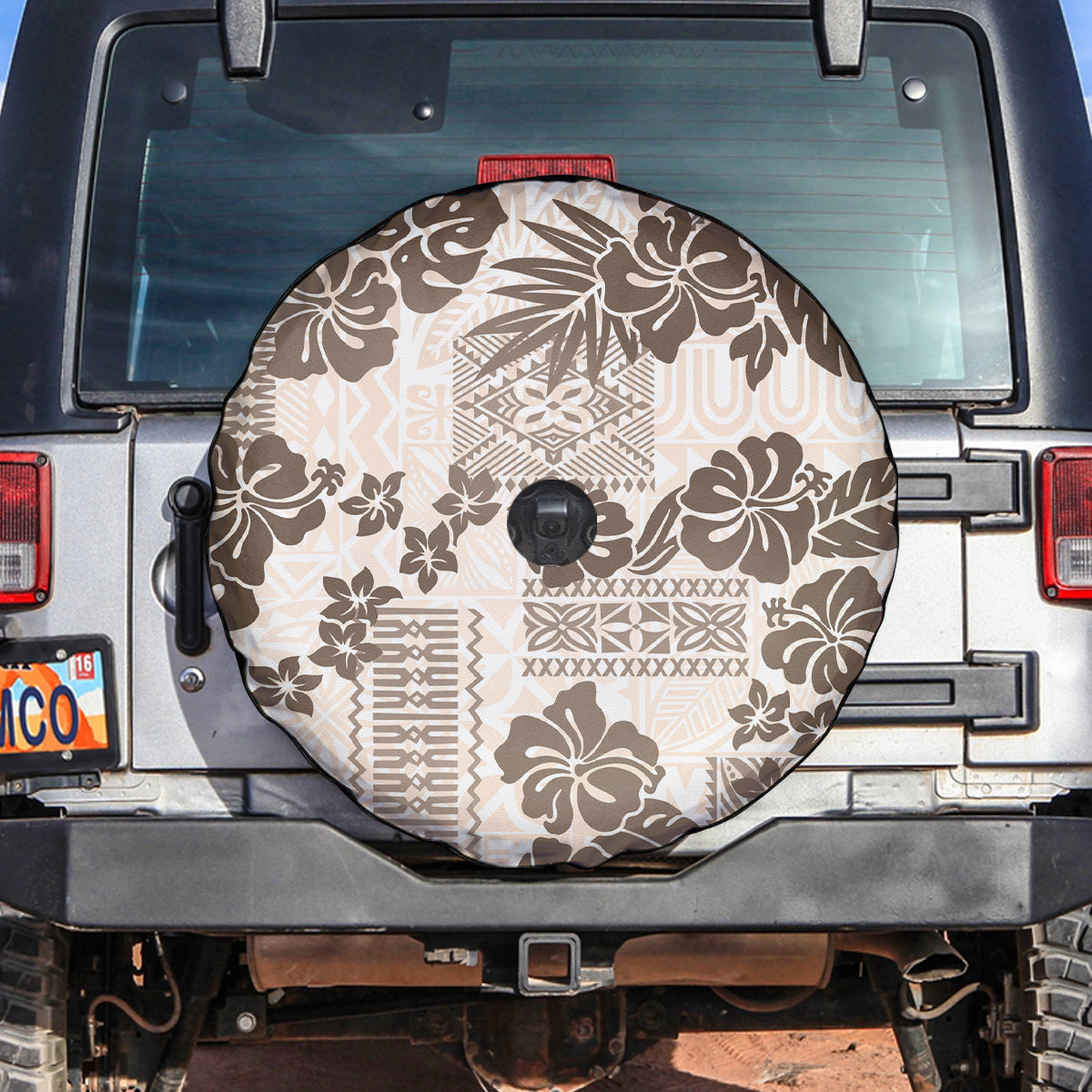 Vintage Hawaii Spare Tire Cover Hibiscus Tapa Tribal With Hawaiian Quilt Pattern Gold - Wonder Print Shop