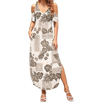 Vintage Hawaii Summer Maxi Dress Hibiscus Tapa Tribal With Hawaiian Quilt Pattern Gold - Wonder Print Shop