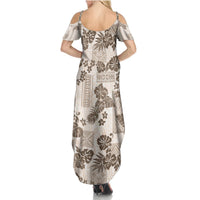 Vintage Hawaii Summer Maxi Dress Hibiscus Tapa Tribal With Hawaiian Quilt Pattern Gold - Wonder Print Shop