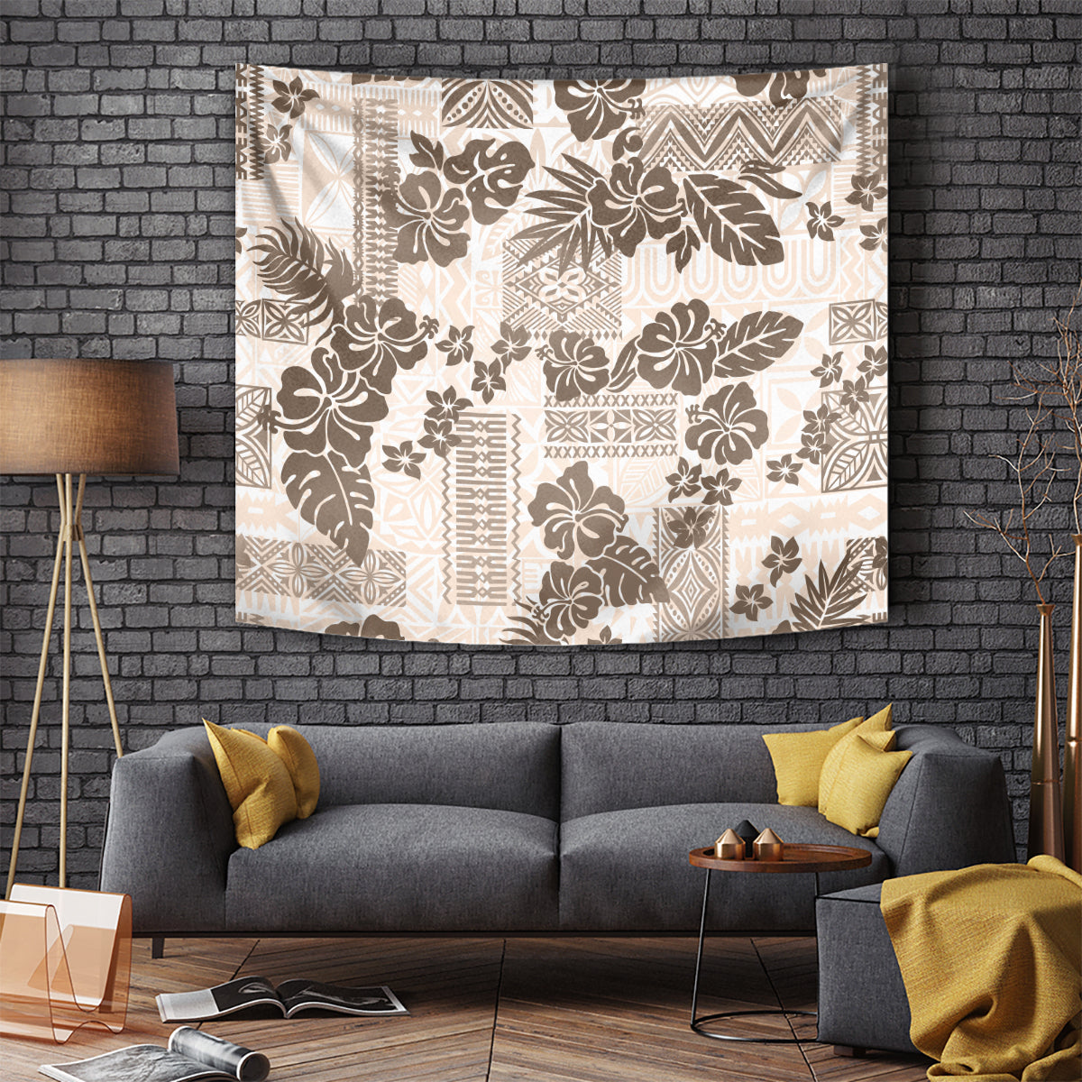 Vintage Hawaii Tapestry Hibiscus Tapa Tribal With Hawaiian Quilt Pattern Gold - Wonder Print Shop