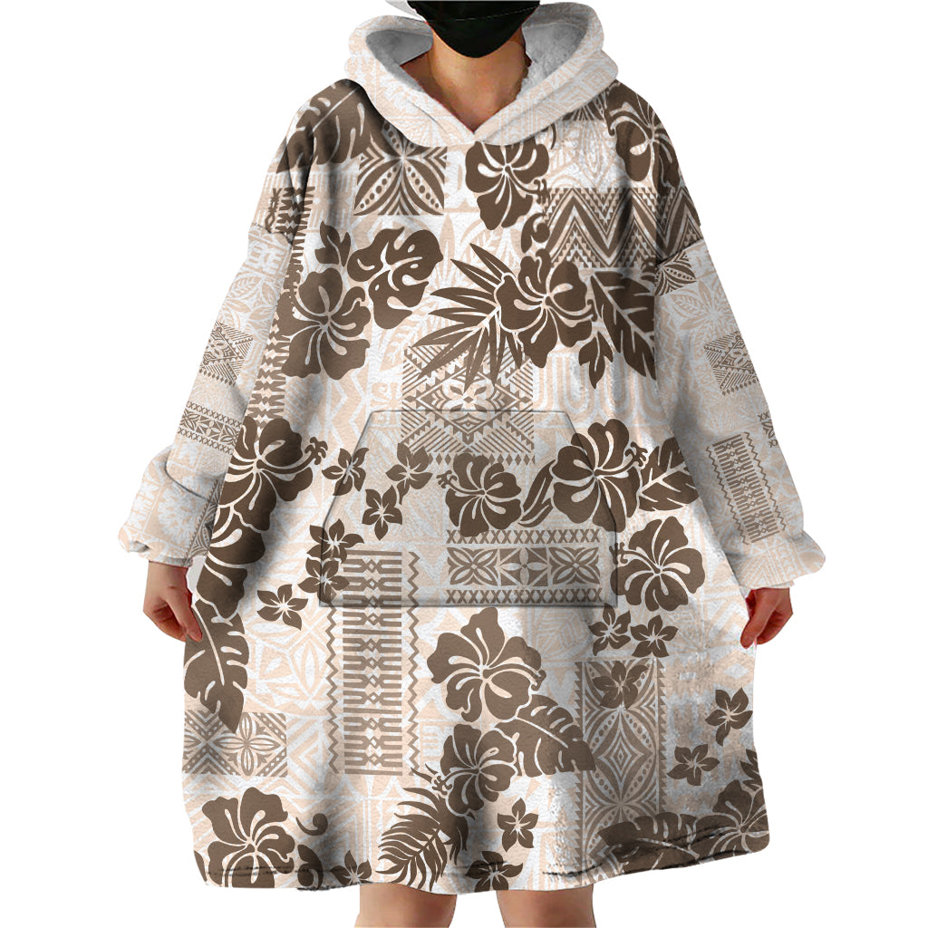 Vintage Hawaii Wearable Blanket Hoodie Hibiscus Tapa Tribal With Hawaiian Quilt Pattern Gold - Wonder Print Shop