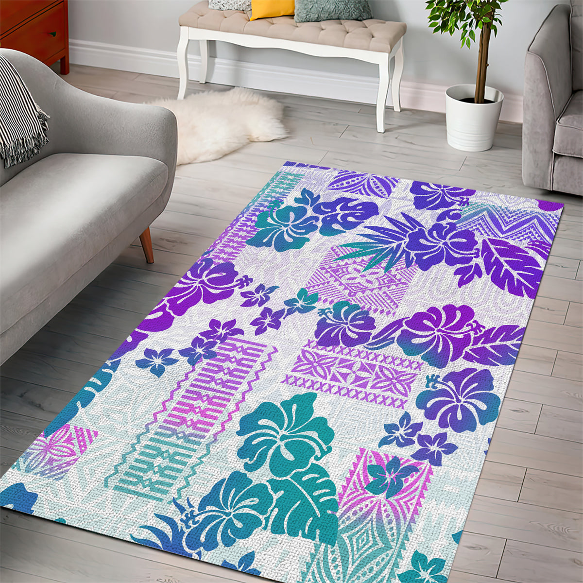 Vintage Hawaii Area Rug Hibiscus Tapa Tribal With Hawaiian Quilt Pattern Purple LT9 - Wonder Print Shop