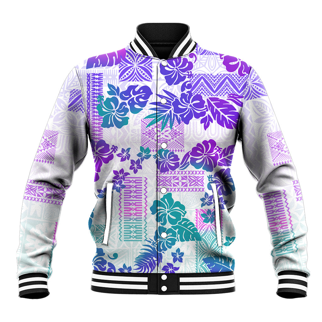Vintage Hawaii Baseball Jacket Hibiscus Tapa Tribal With Hawaiian Quilt Pattern Purple LT9 - Wonder Print Shop