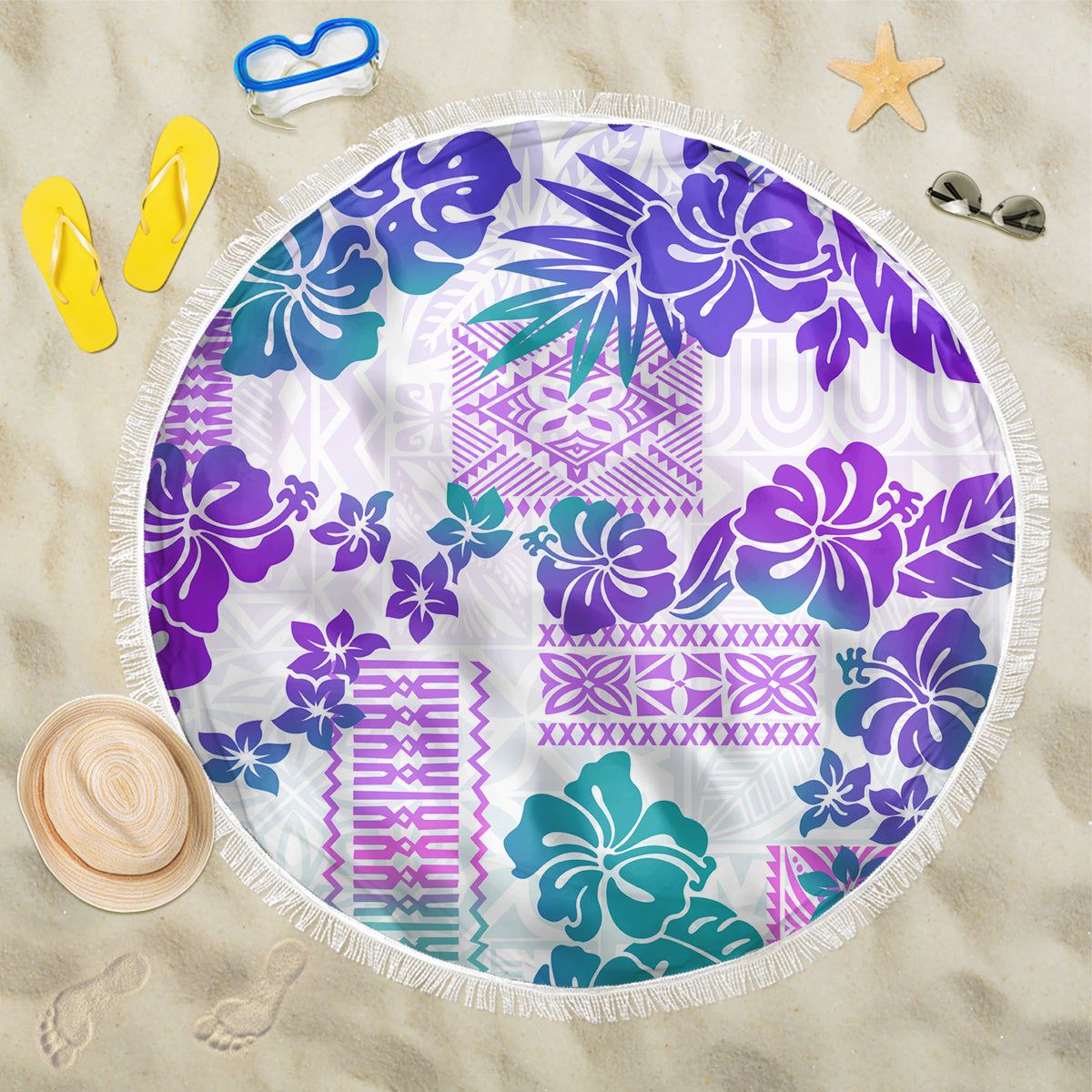 Vintage Hawaii Beach Blanket Hibiscus Tapa Tribal With Hawaiian Quilt Pattern Purple LT9 - Wonder Print Shop