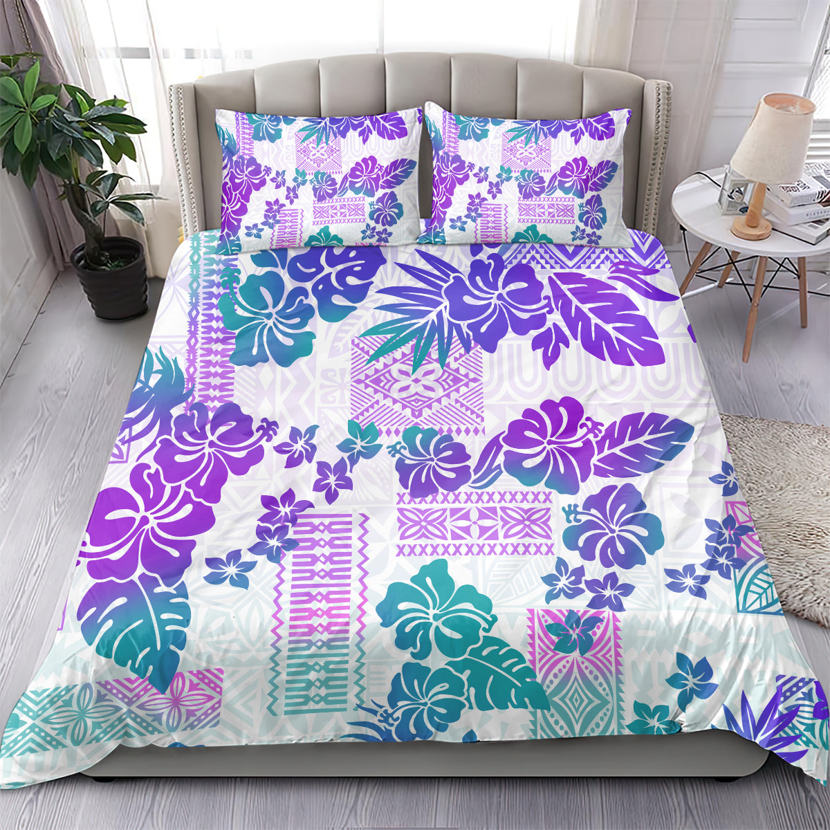 Vintage Hawaii Bedding Set Hibiscus Tapa Tribal With Hawaiian Quilt Pattern Purple LT9 - Wonder Print Shop
