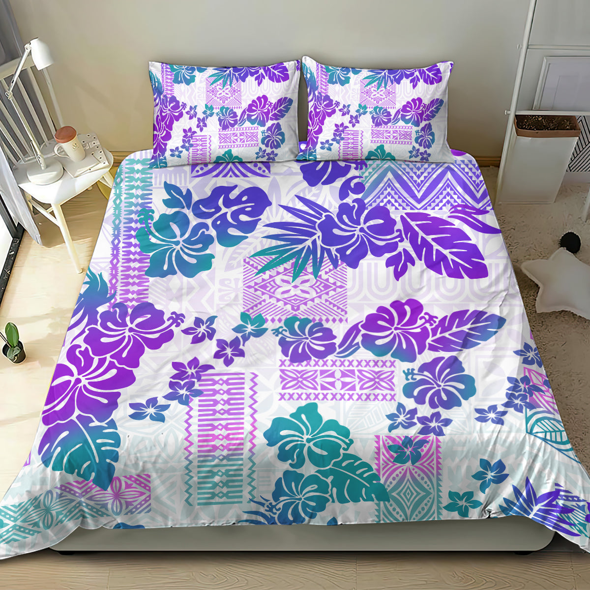 Vintage Hawaii Bedding Set Hibiscus Tapa Tribal With Hawaiian Quilt Pattern Purple LT9 - Wonder Print Shop