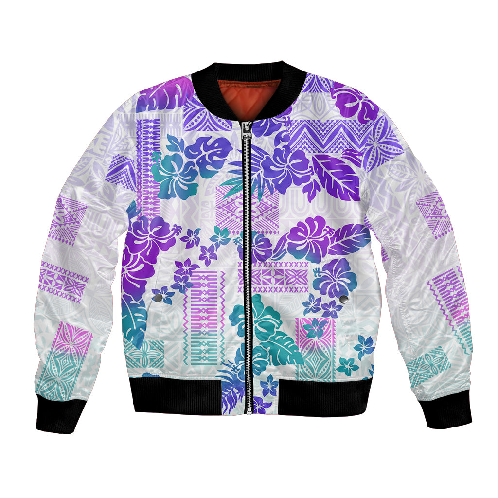 Vintage Hawaii Bomber Jacket Hibiscus Tapa Tribal With Hawaiian Quilt Pattern Purple LT9 - Wonder Print Shop