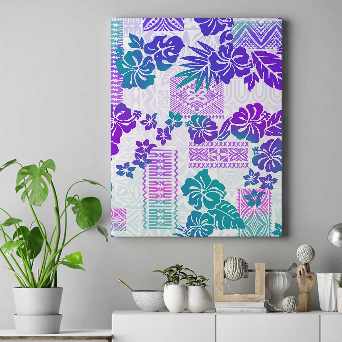 Vintage Hawaii Canvas Wall Art Hibiscus Tapa Tribal With Hawaiian Quilt Pattern Purple LT9 - Wonder Print Shop
