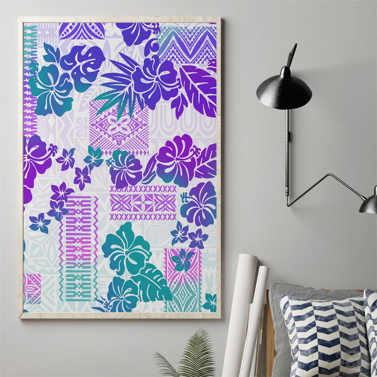 Vintage Hawaii Canvas Wall Art Hibiscus Tapa Tribal With Hawaiian Quilt Pattern Purple LT9 - Wonder Print Shop