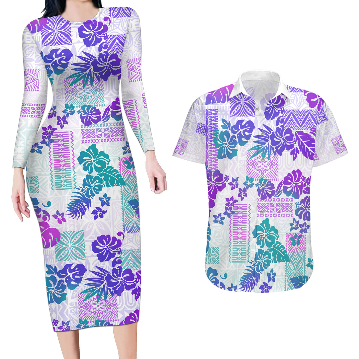 Vintage Hawaii Couples Matching Long Sleeve Bodycon Dress and Hawaiian Shirt Hibiscus Tapa Tribal With Hawaiian Quilt Pattern Purple LT9 - Wonder Print Shop