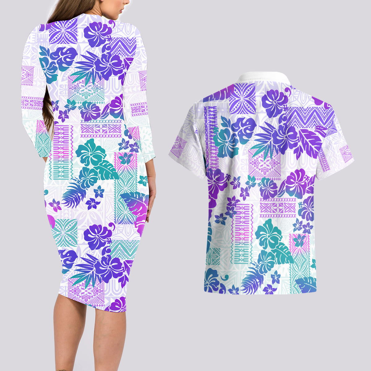 Vintage Hawaii Couples Matching Long Sleeve Bodycon Dress and Hawaiian Shirt Hibiscus Tapa Tribal With Hawaiian Quilt Pattern Purple LT9 - Wonder Print Shop