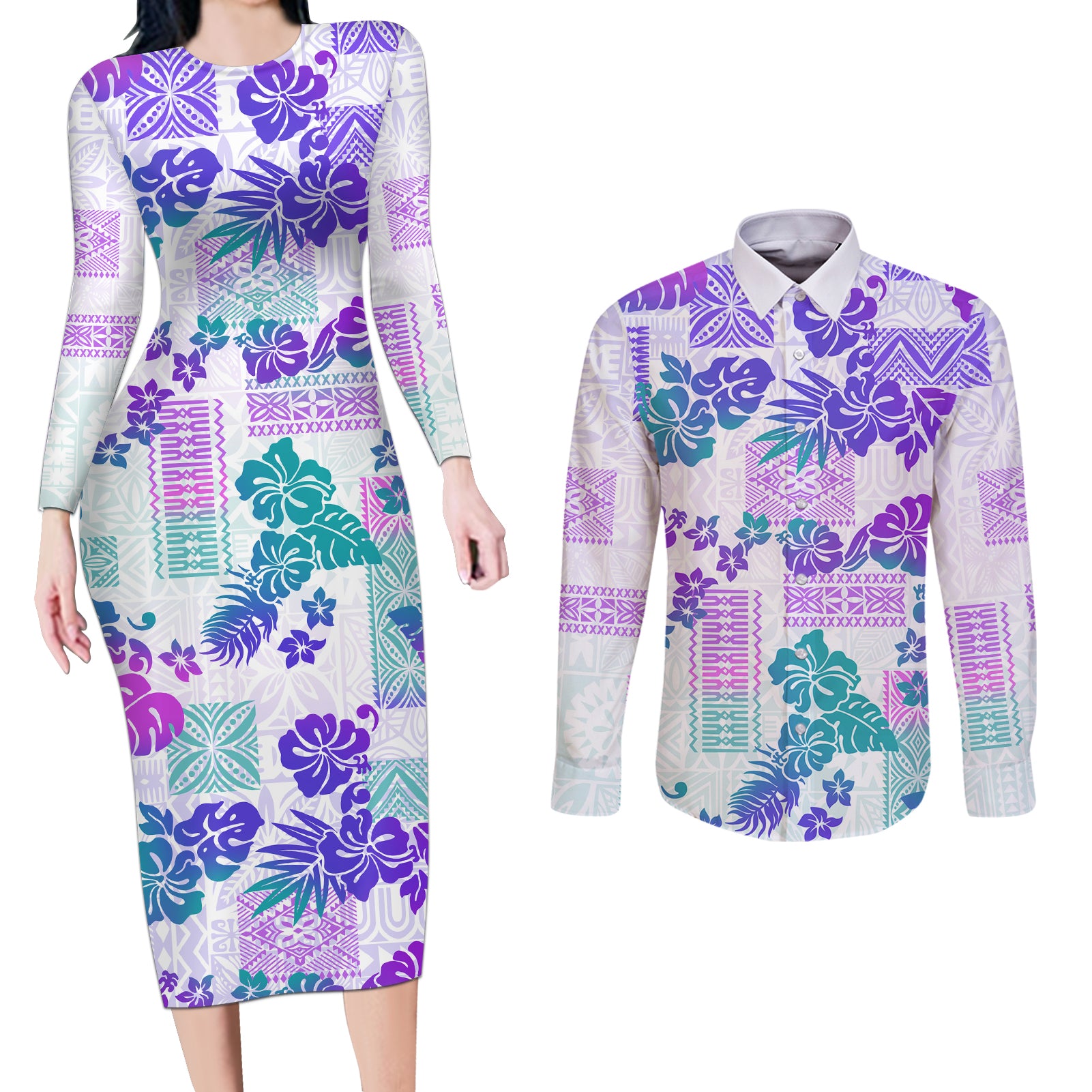 Vintage Hawaii Couples Matching Long Sleeve Bodycon Dress and Long Sleeve Button Shirt Hibiscus Tapa Tribal With Hawaiian Quilt Pattern Purple LT9 - Wonder Print Shop