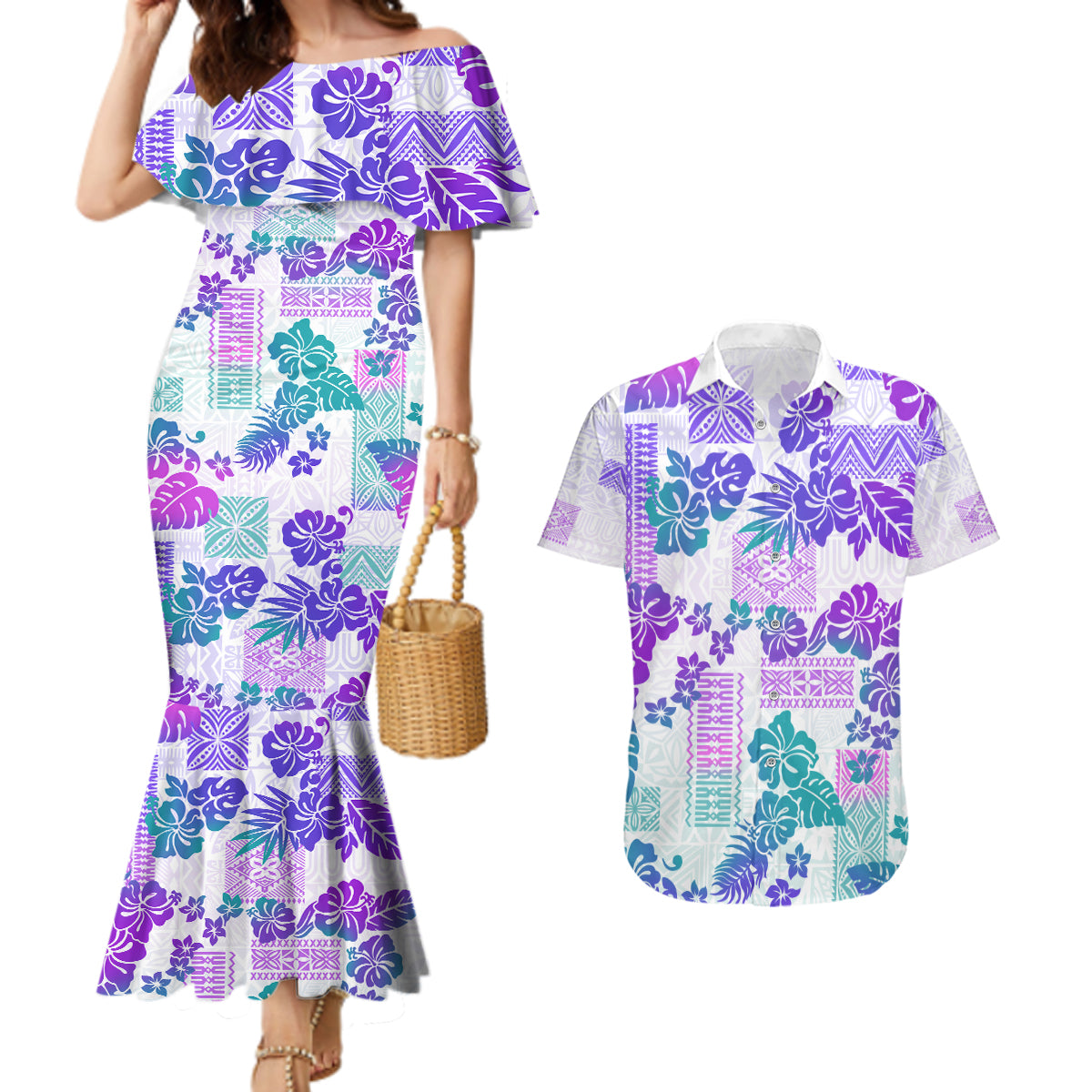 Vintage Hawaii Couples Matching Mermaid Dress and Hawaiian Shirt Hibiscus Tapa Tribal With Hawaiian Quilt Pattern Purple LT9 - Wonder Print Shop