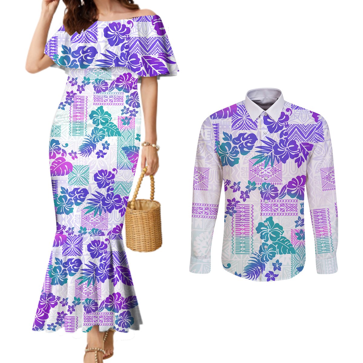 vintage-hawaii-couples-matching-mermaid-dress-and-long-sleeve-button-shirt-hibiscus-tapa-tribal-with-hawaiian-quilt-pattern-purple