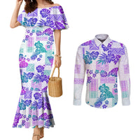 vintage-hawaii-couples-matching-mermaid-dress-and-long-sleeve-button-shirt-hibiscus-tapa-tribal-with-hawaiian-quilt-pattern-purple