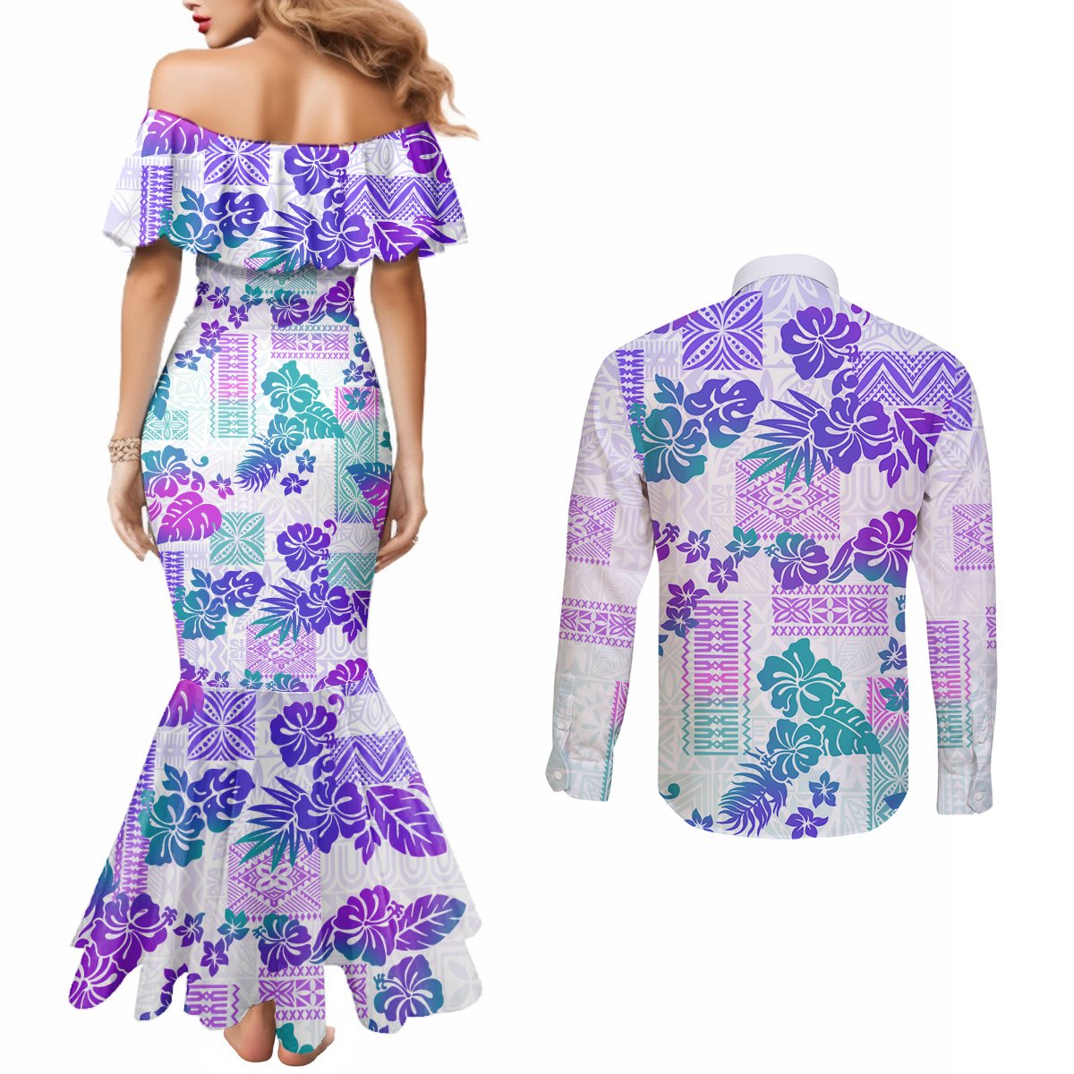 vintage-hawaii-couples-matching-mermaid-dress-and-long-sleeve-button-shirt-hibiscus-tapa-tribal-with-hawaiian-quilt-pattern-purple