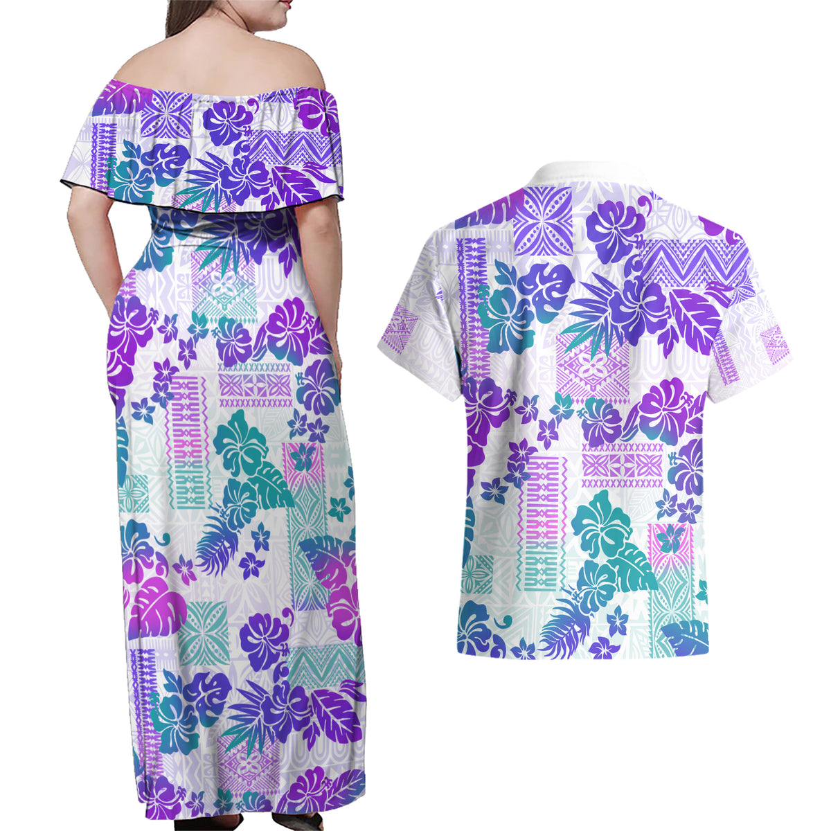 Vintage Hawaii Couples Matching Off Shoulder Maxi Dress and Hawaiian Shirt Hibiscus Tapa Tribal With Hawaiian Quilt Pattern Purple LT9 - Wonder Print Shop