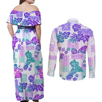 Vintage Hawaii Couples Matching Off Shoulder Maxi Dress and Long Sleeve Button Shirt Hibiscus Tapa Tribal With Hawaiian Quilt Pattern Purple LT9 - Wonder Print Shop