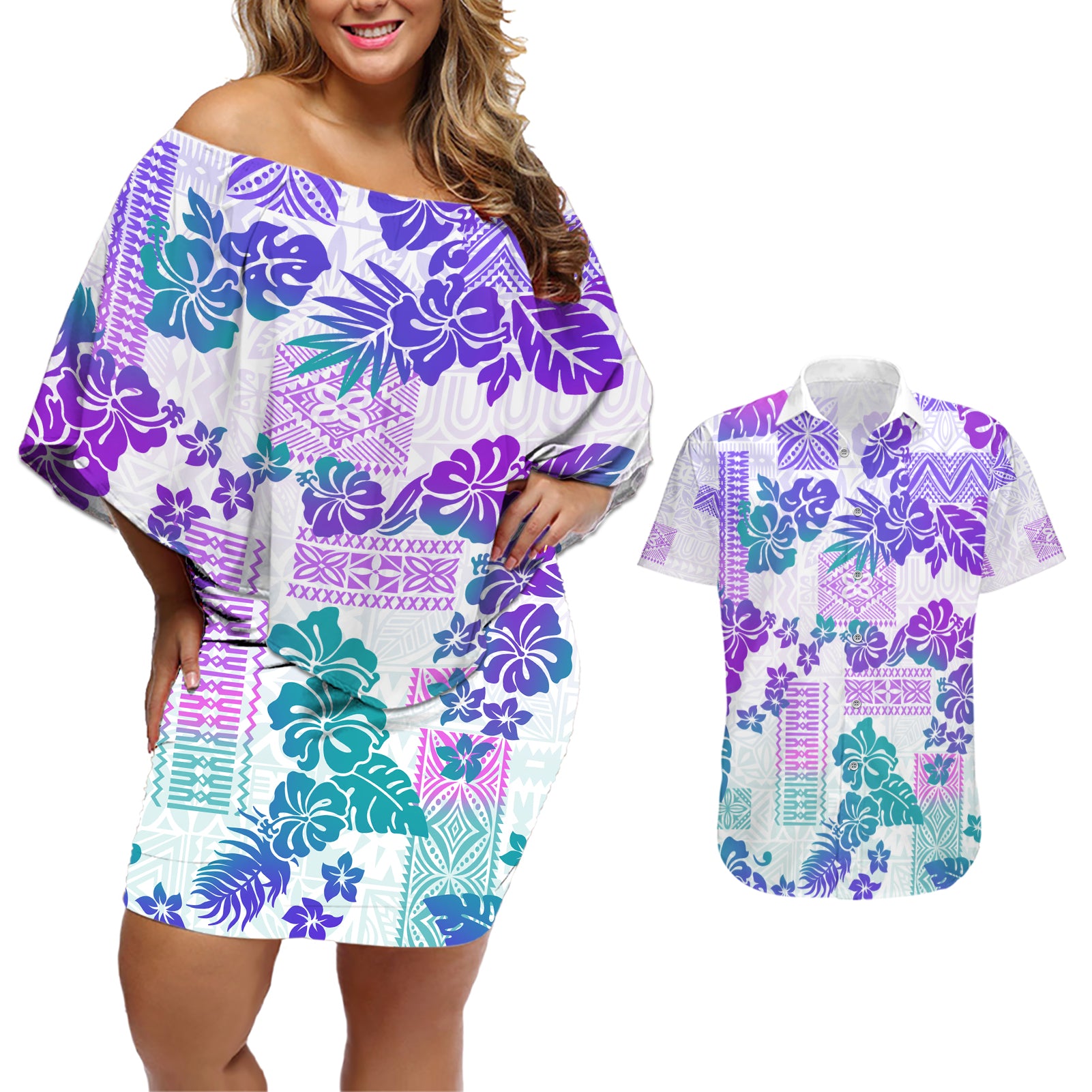Vintage Hawaii Couples Matching Off Shoulder Short Dress and Hawaiian Shirt Hibiscus Tapa Tribal With Hawaiian Quilt Pattern Purple LT9 - Wonder Print Shop