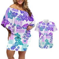 Vintage Hawaii Couples Matching Off Shoulder Short Dress and Hawaiian Shirt Hibiscus Tapa Tribal With Hawaiian Quilt Pattern Purple LT9 - Wonder Print Shop