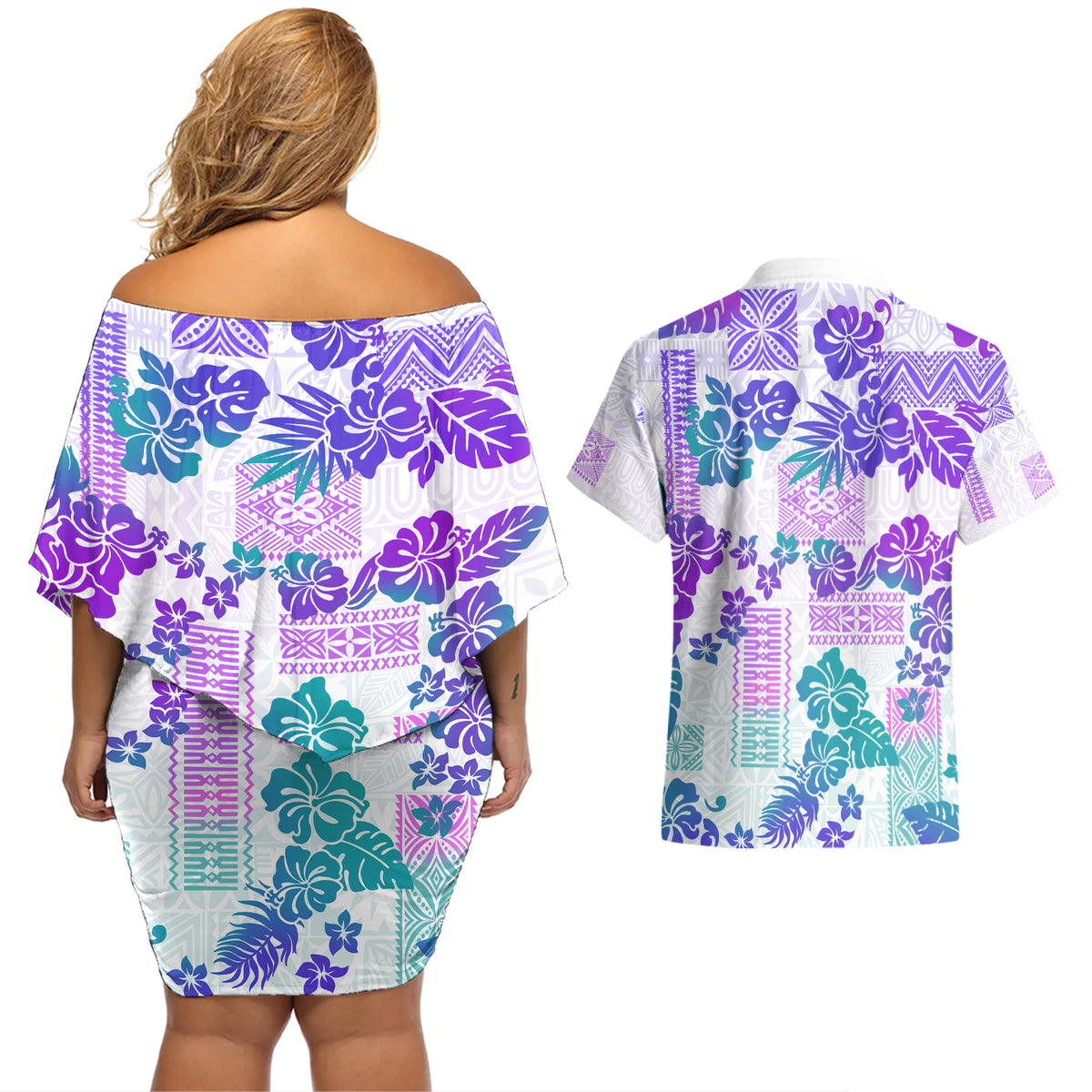 Vintage Hawaii Couples Matching Off Shoulder Short Dress and Hawaiian Shirt Hibiscus Tapa Tribal With Hawaiian Quilt Pattern Purple LT9 - Wonder Print Shop
