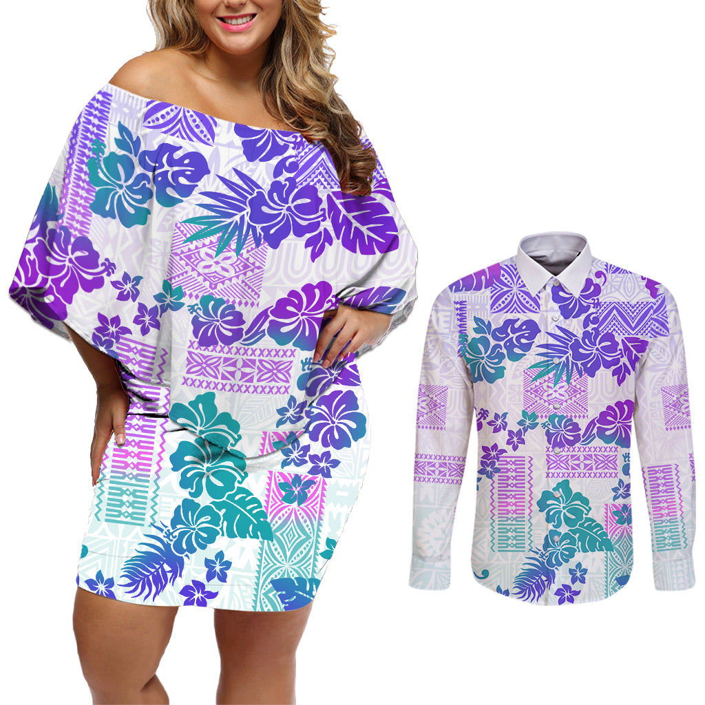 Vintage Hawaii Couples Matching Off Shoulder Short Dress and Long Sleeve Button Shirt Hibiscus Tapa Tribal With Hawaiian Quilt Pattern Purple LT9 - Wonder Print Shop